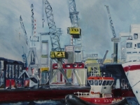 Acryl auf Leinwand, Kräne, Schiffe, Hamburger Hafen, Blautöne, Schlepper, Format 70 x 70 cm